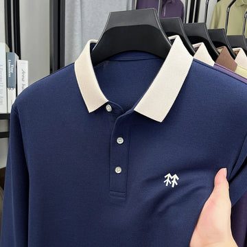 Fashion luxury brand long sleeve polo shirt men's autumn new trend badge embossed design Korean casual silk cotton lapel T-shirt