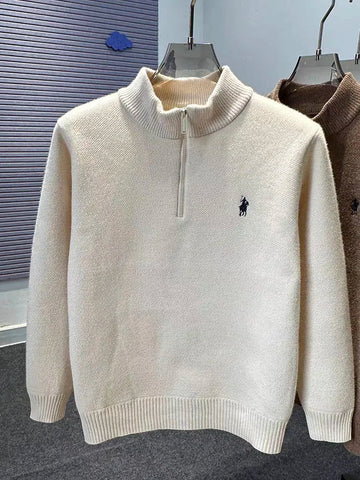 High end half zipper stand up collar knitted sweater men winter new thick warmth fashion designer brand pony embroidery pullover