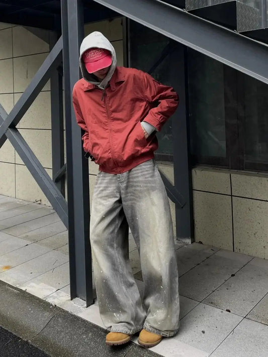 American High Street Retro Splaed Ink Design Knife  Jeans Men Loose Wide Leg Versatile Casual Drapey Long Pants