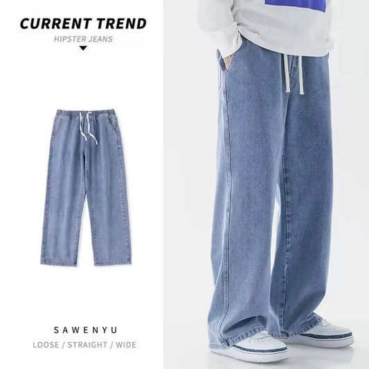 Retro Light Blue Men's Casual Wide Leg Jeans Vintage American High Street Sle Loose Straight Cut Denim Trousers for Teens