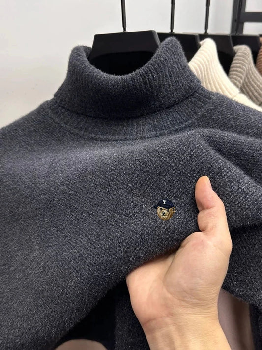 Light luxury men knitted high neck sweater brand exquisite cartoon animal embroidery warm plush comfort new pullover casual top