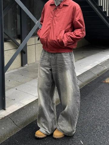 American High Street Retro Splaed Ink Design Knife  Jeans Men Loose Wide Leg Versatile Casual Drapey Long Pants