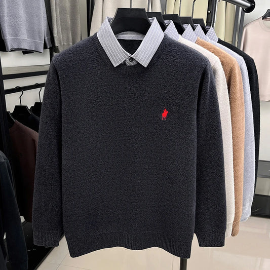 Personality fake two pieces men knitted sweater luxury designer brand Paul pony embroidery fashion striped shirt collar pullover