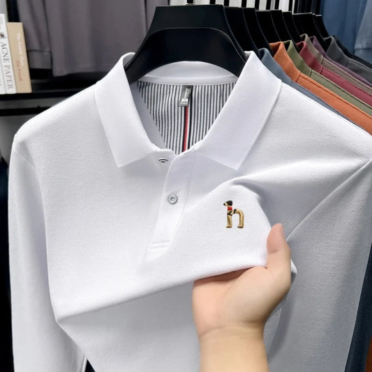Brand 100% cotton polo shirt long sleeve light luxury new cartoon dog embroidery men's lapel T-shirt high-quality fashion top