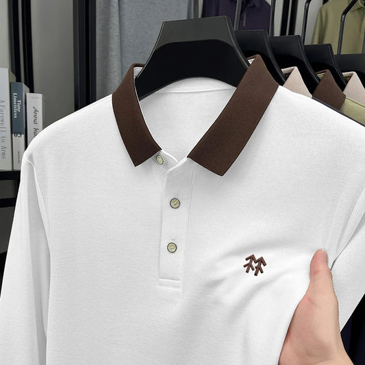 Fashion luxury brand long sleeve polo shirt men's autumn new trend badge embossed design Korean casual silk cotton lapel T-shirt