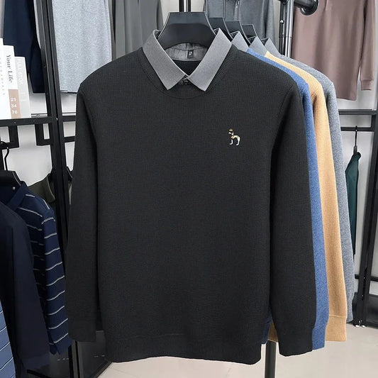 Luxury brand men's long sleeved flip over collar pullover winter fashion new item puppy  embroidery top casual warm knit sweater