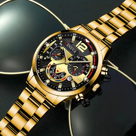4pcs Luxury Men Business Quartz Watch Gold Alloy Roman with Calendar Wrist Watch Cross Necklace Bracelet Ring Set Men's Gift