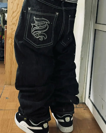 Y2K American Retro Hipster Men New Jeans Embroidered Graphics Loose Couple Jeans Harajuku Hip-Hop Street Wide-Leg Pants